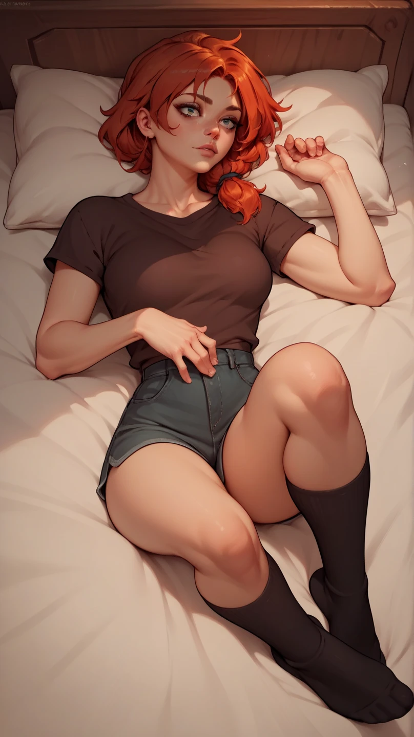 a 21-year-old girl masturbates in her bed, 1 girl, Alone, Red hair ,long hair,willpower_water, perverted, Red eyes , Shirt and skirt, hairy pussy, groan, orgasm, masturbation. feminine, barefoot, opening your legs, pen, metiendose el pen en el coño