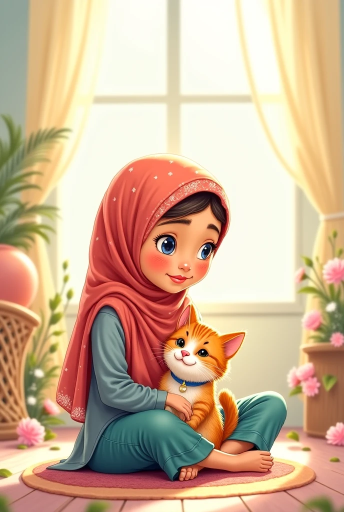 Cute malaysian girl, hijab, no hair shown, cute orange cat, garden flowery background