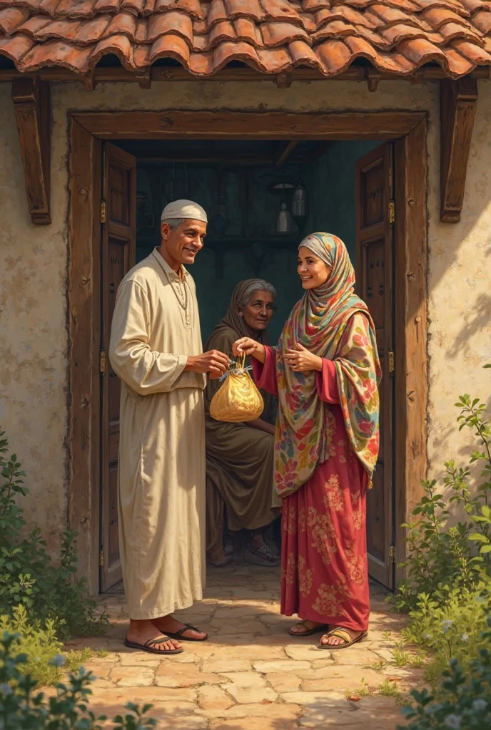 A Muslim man, with his  and wife coming out of the door of the house and holding a bag of sweets together. And her old mother sat in the door and looking at them in desperate. 