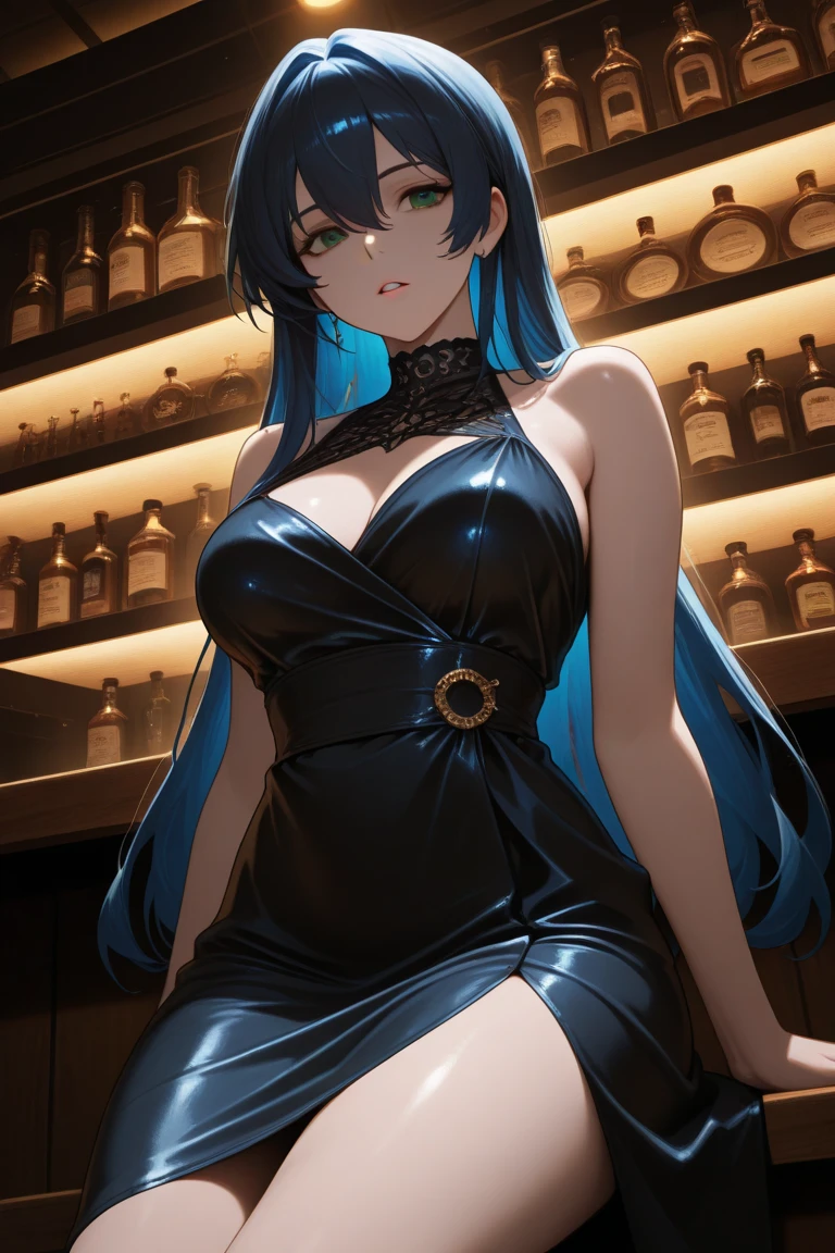2 girls、Pouting，(8k、Highest image quality、best quality、masterpiece)、Tights，Large Breasts，Extremely detailed facial details, handcuffs，Collar，Calm expression,Red lips，Sweet smile，Black long hair, Charming blue eyes, Fox ears, Ridiculously big, glowing skin,Bar dim light