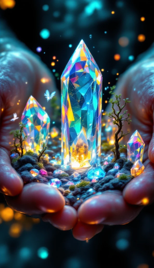 Prompt:

Masterpiece, breathtakingly detailed macro shot of a miniature dreamscape cradled by the luminous hand of a cosmic creator goddess. Fantastical crystalline formations of varying transparency and color create an otherworldly environment. Within this "crystal dreamscape," tiny, whimsical sprite-like beings with iridescent wings flit and glow. Volumetric light filters through the crystal structures, casting vibrant caustic patterns. Hyper-realistic textures showcase the intricate facets and internal luminescence of the crystals. Dreamy, ethereal background with soft, glowing particles. Focus on the magical and whimsical nature of a micro-fantasy world.

Notes: cosmicart, fantasyart, detailedillustration, SuperPremium, aesthetic, 8K.

Key elements: Whimsical crystal formations, sprite-like beings, iridescent details, magical atmosphere, dreamlike quality.