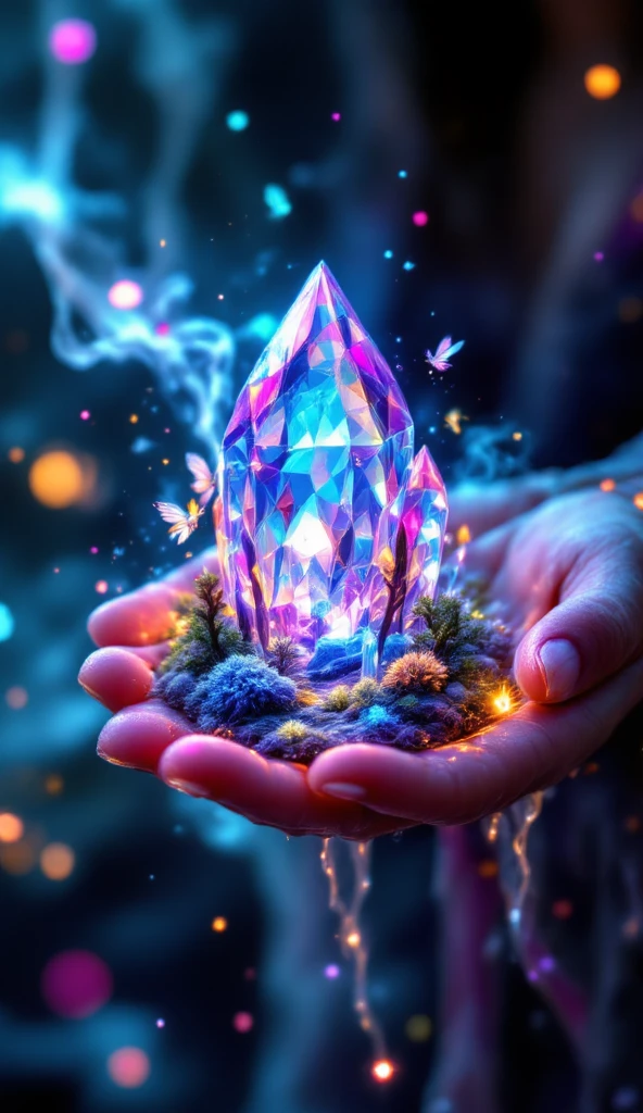 Prompt:

Masterpiece, breathtakingly detailed macro shot of a miniature dreamscape cradled by the luminous hand of a cosmic creator goddess. Fantastical crystalline formations of varying transparency and color create an otherworldly environment. Within this "crystal dreamscape," tiny, whimsical sprite-like beings with iridescent wings flit and glow. Volumetric light filters through the crystal structures, casting vibrant caustic patterns. Hyper-realistic textures showcase the intricate facets and internal luminescence of the crystals. Dreamy, ethereal background with soft, glowing particles. Focus on the magical and whimsical nature of a micro-fantasy world.

Notes: cosmicart, fantasyart, detailedillustration, SuperPremium, aesthetic, 8K.

Key elements: Whimsical crystal formations, sprite-like beings, iridescent details, magical atmosphere, dreamlike quality.