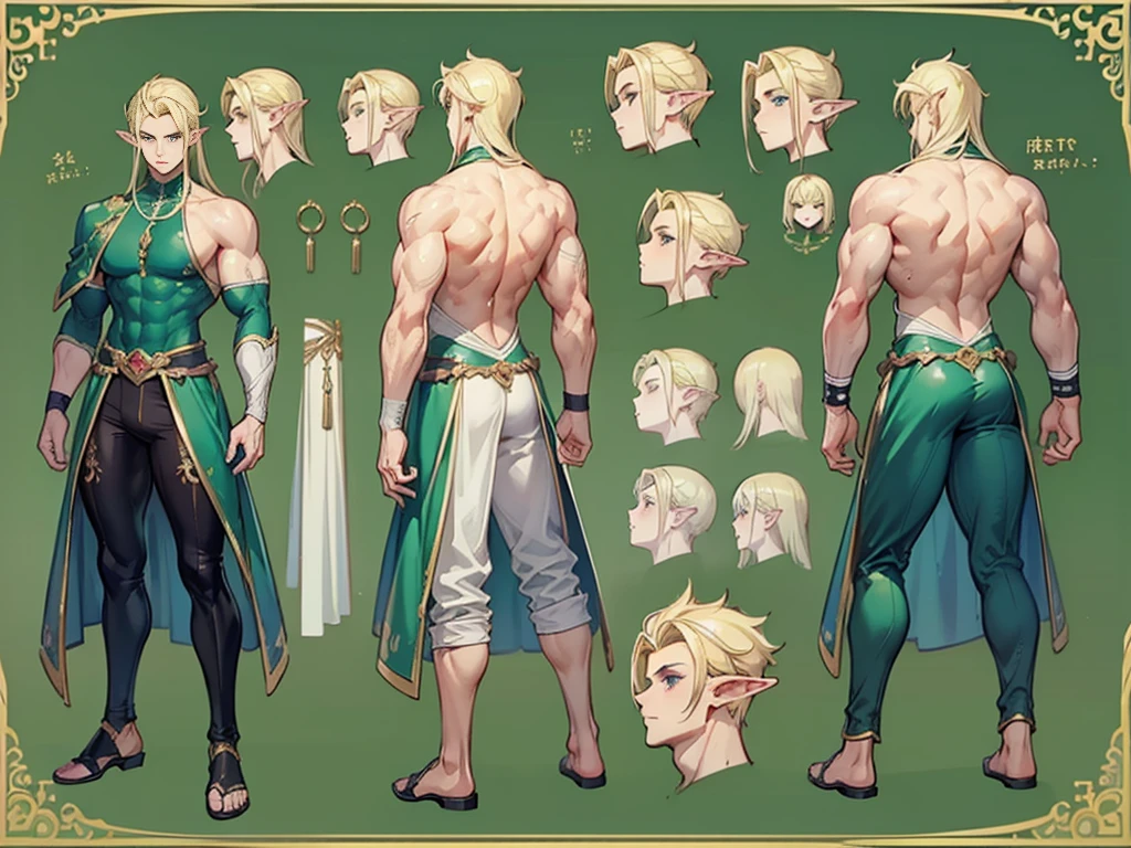 1boy, single, asian boy, reference sheet, character design, front angle, side angle, rear angle, dynamic poses, tall man, (masterpiece:1.2), (best quality:1.3), fantasy outfit, muscle body, athletic body. (Gold eyes), (long hair), (long bangs), (gold hair), (pale skin), (reference sheet:1.5)