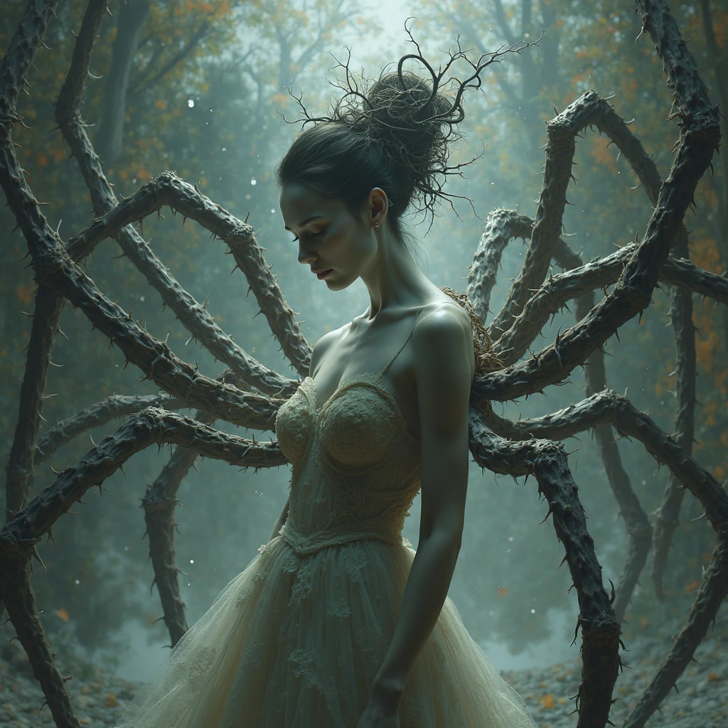 A beautiful brunette woman,  being cocooned in a giant spiderweb by a giant spider behind her