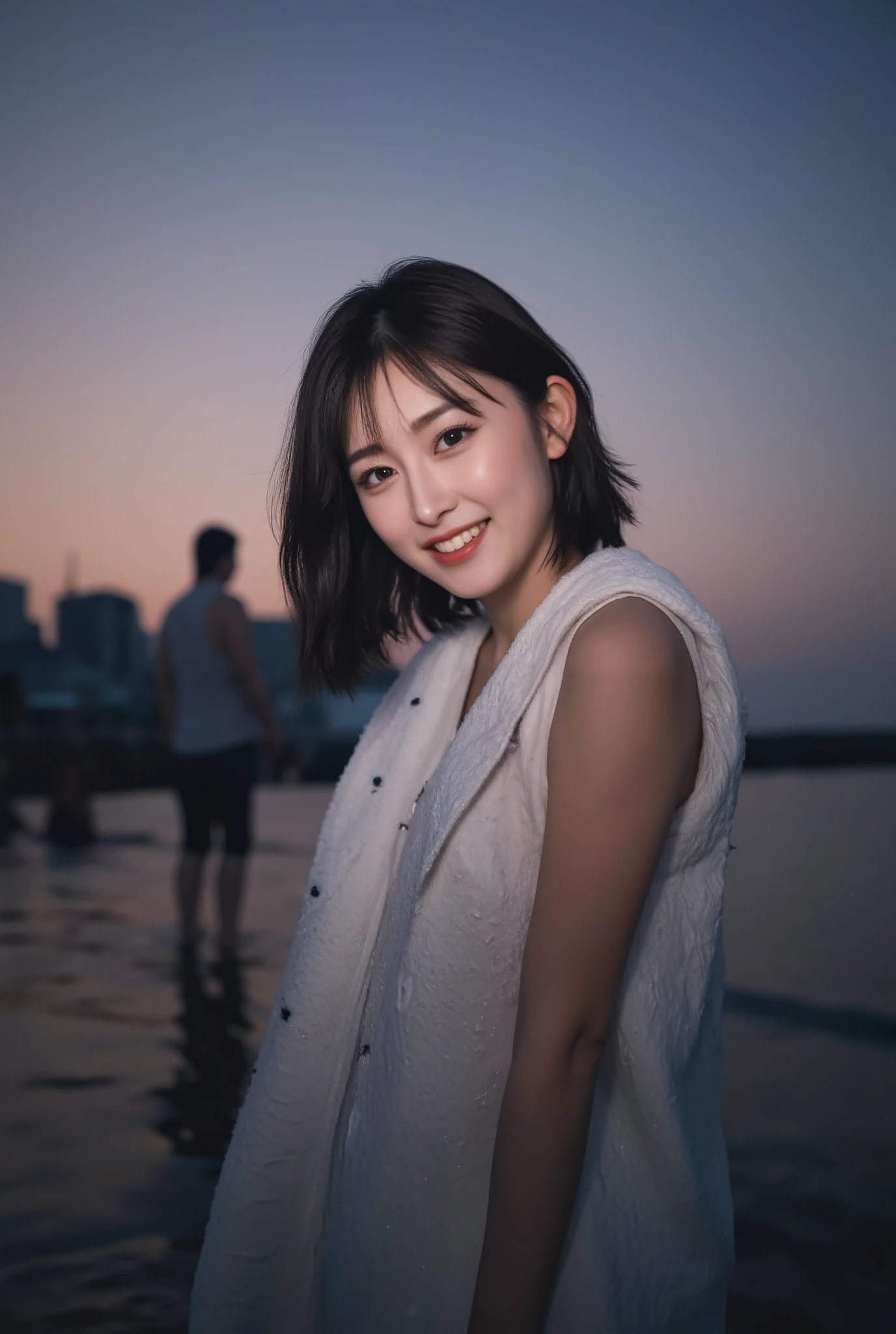 (mature adult woman wearing a leotard1By people),beautiful black hair,(((short bob hair))),With bangs,((Short Hair)), realistic person images in dark waters,Realism,Best Quality,mastepeice,Top Quality,best image quality,highest resolution,fine details,Beautiful detailed face,black eyes,((realistic skin)),detailed background,( Exact Upper Body),(perfect upper body),(upper body),((Realismのある肌)),(smiles),((((super big )))),((((they are staring at me up close)))),((((at the seaside at midnight)))),((((Large breasts))),((((in a sexy bikini)))),(((outdoor))),(((Wearing a bikini naked))),((((At the dark seaside)))),(((large size breasts))),(((They're staring at me up))),(((The cleavage))),(((Emphasize Cleavage))),((((Show off your beautiful stomach)))),(((Beautiful belly button))),