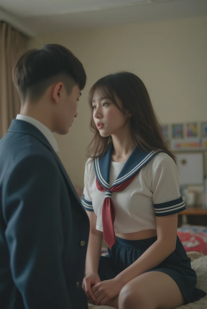 there are two asian people sitting on a couch together, kim doyoung, promo still, jaeyeon nam, ulzzang, jinyoung shin, promotional still, white hime cut hairstyle, jk uniform, still from a live action movie, taejune kim, scene from live action movie, lovely couple, wearing school uniform, seseon yoon, the hime cut