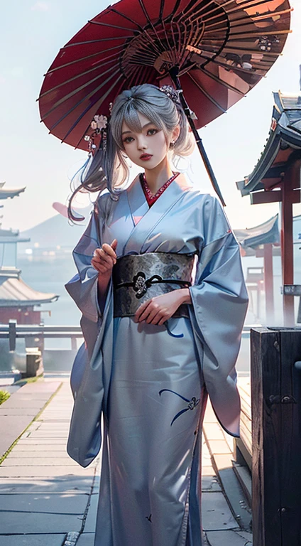 Realistically, high resolution, 1 woman, Hip Lift, pretty eyes, long grey hair, Eye socket , gem, Tattoos, beautiful Japanese woman,  kimono, perfect style, tall style, cleavage can be seen in the ekiben position, I can see my whole body, shot from the front