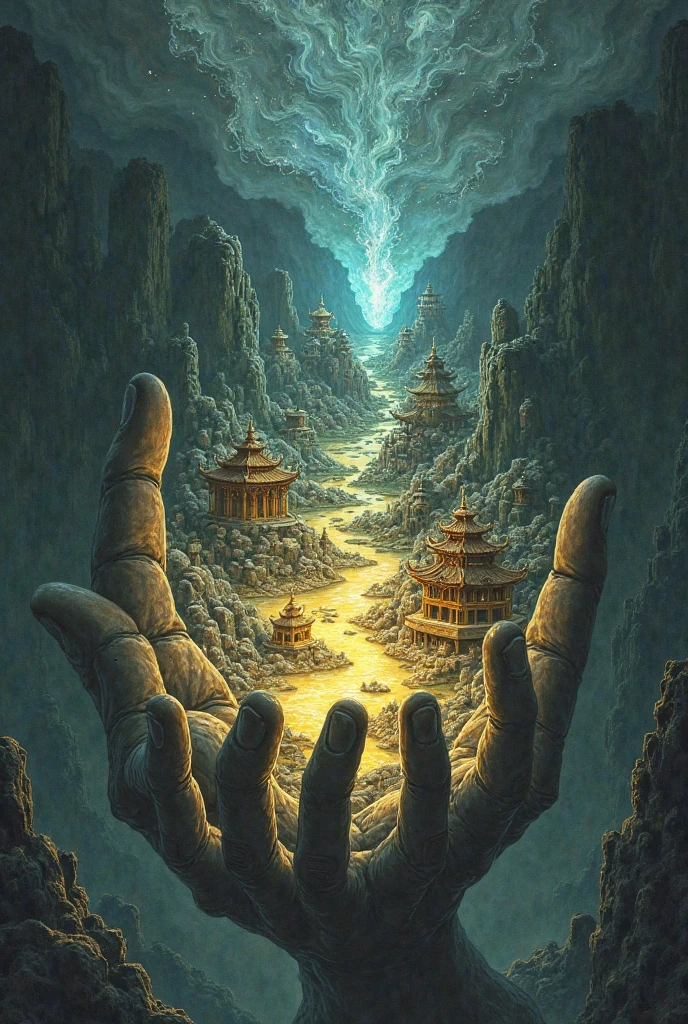 ZRYS,This antique illustration depicts a huge hand with a stretch of ancient buildings, the middle of which flows with glimmering gas, full of mysterious atmosphere, there are pavilions, rockeries, small lakes, a sense of fairyland, a dark, textured background, with subtle airflow flowing, giving it an ethereal and mysterious appearance. The luminous objects are mainly yellow and blue, and the smoke is full of smoke, which is like fairyland. The hands are chiseled, the fingers are slightly curled around the objects, and the background is a mix of dark and light colors, enhancing the mysterious and otherworldly feel of the whole scene.