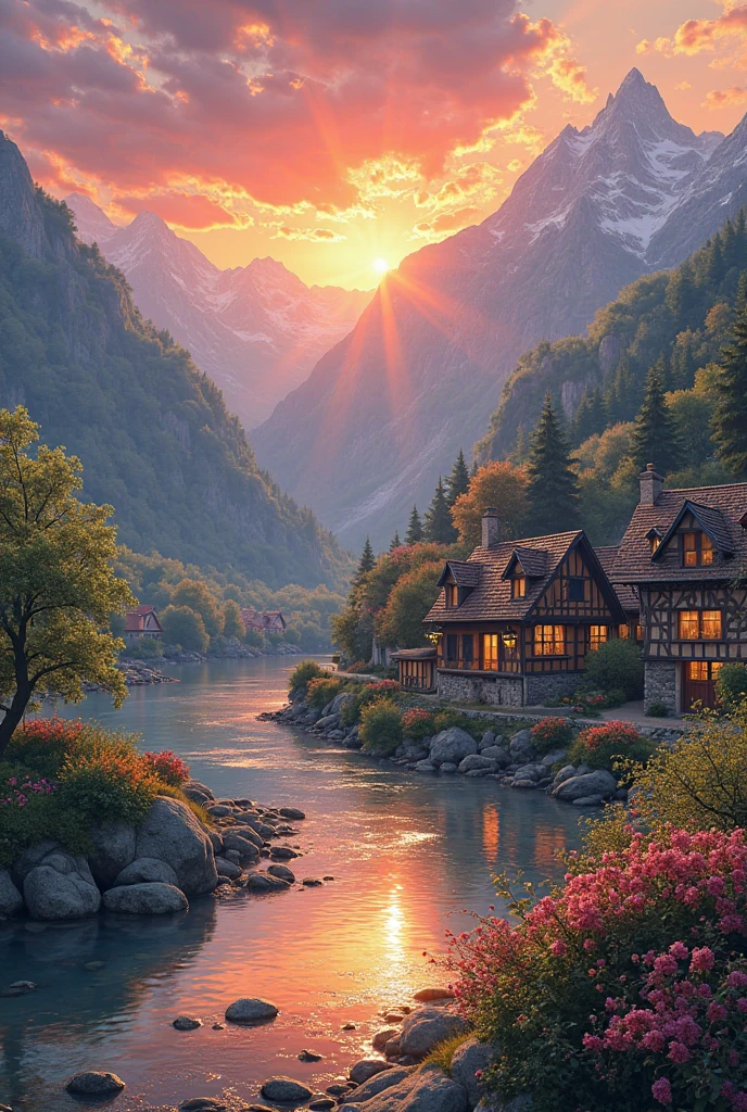 a small village by the river, mountains in the background, floral flowers colorful, detailed landscape, Beautiful natural landscapes, atmospheric lighting, scorching sunset, warm colours, practical, photopractical, Detailed Foliage, complex buildings, cobblestone street, Charming country house, swirly vibrant colors, lush vegetation, Still water reflections, Picturesque, idyllic, work of art, best qualityer, 8k, extremely detaild,anime styling