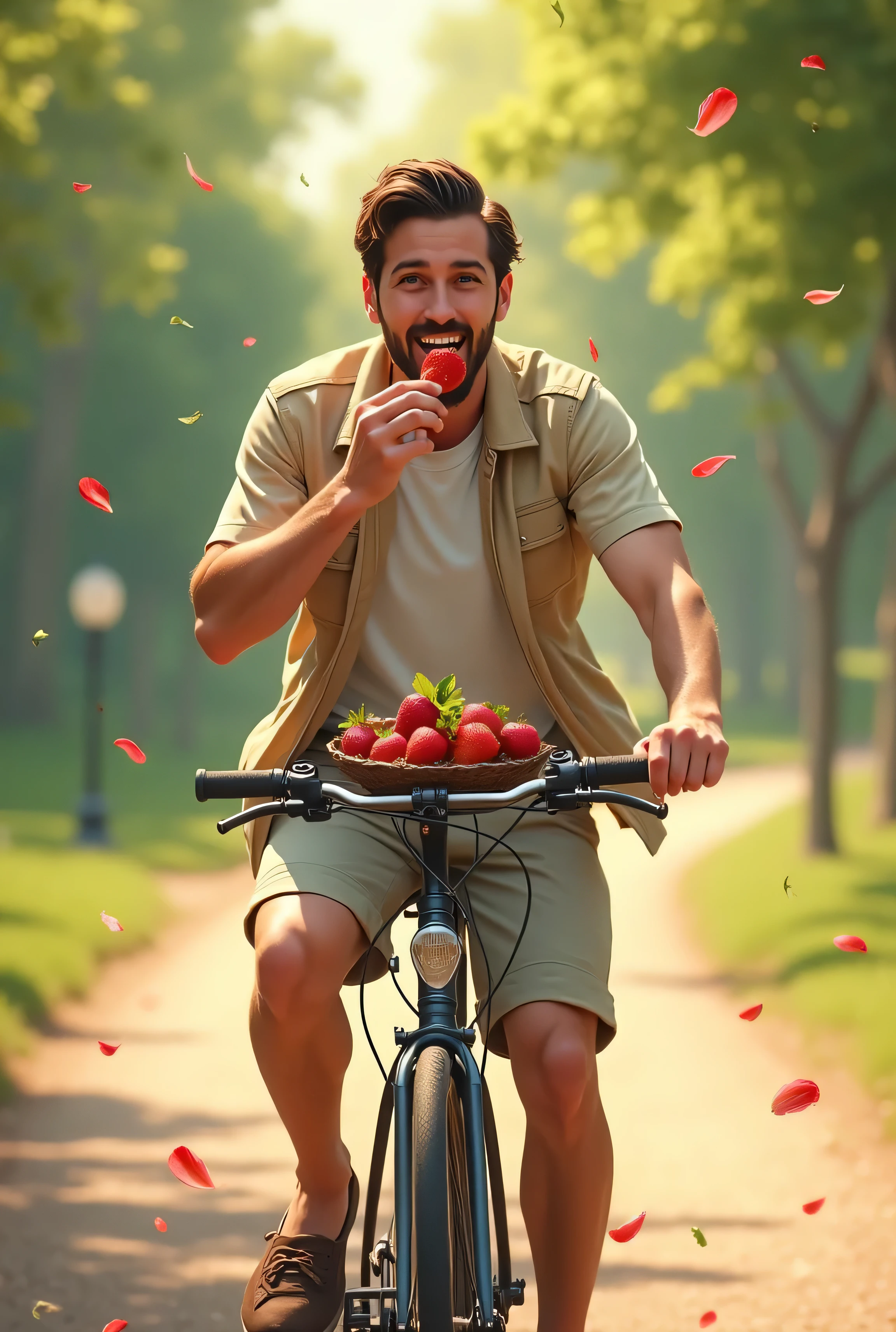 A man on the bike with three dozen apple having a beautiful girl on the front with a smile on face