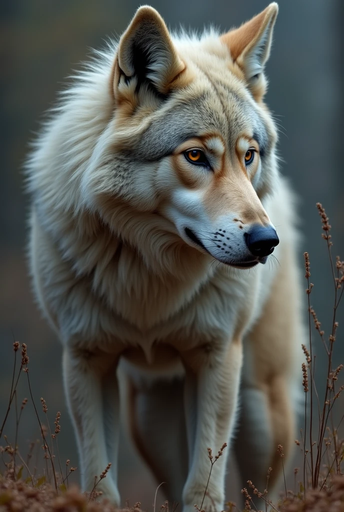 Wolf standing, leaning over nothing, standing with crossing leg, tilt 45 degree pose