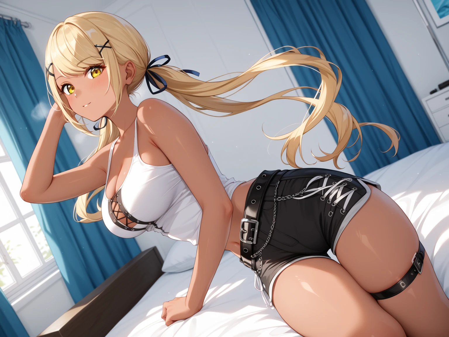 Hermosa chica rubia con pelo largo y ondulado muy sexy con tetas muy pero que muy grandes, enormes y solo con una camisa blanca abierta y con un tanga tiro de vaquero. Deluxe room background. Vista trasera. Apoyada en una cama. Vista trasera