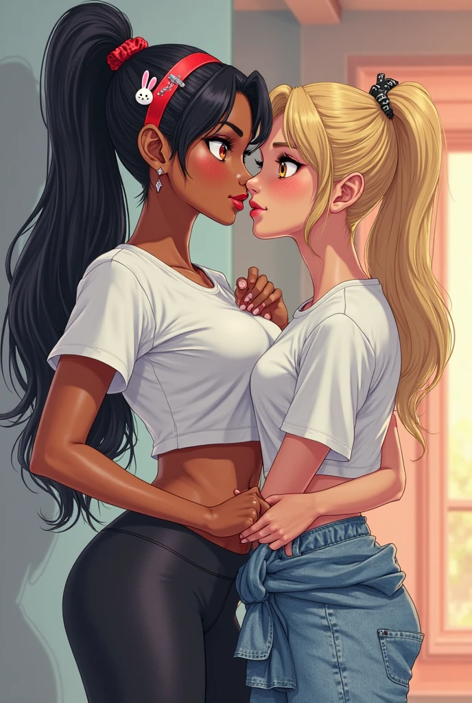 masterpiece, best quality, 2girls, (closeup), 18yo , slim, small breast, naked breast, nipple, locker room, desolate, watercolor, ebony