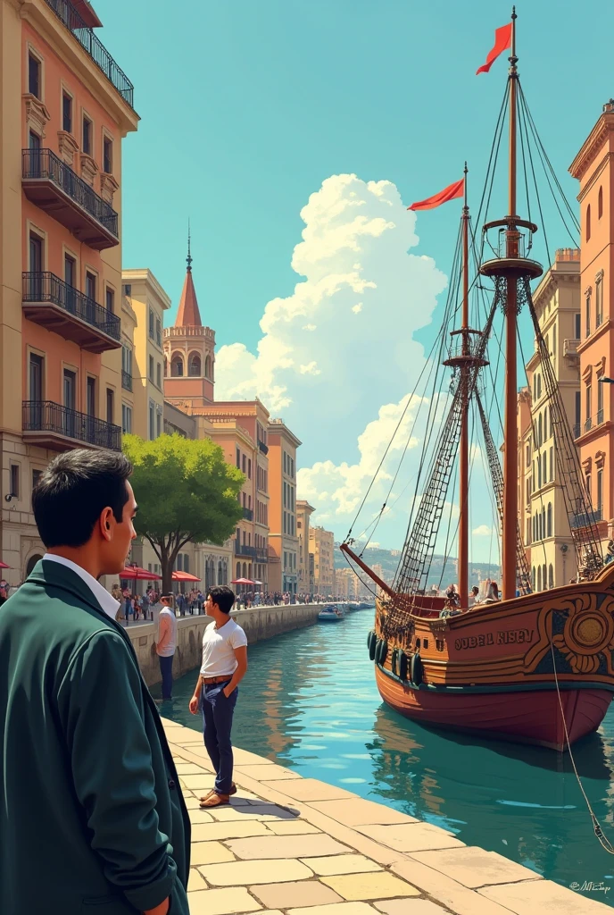 A realistic illustration of the bustling port of Barcelona. Jose Rizal is depicted as a curious observer, taking in the new sights and sounds. Architectural landmarks of Barcelona, like the Gothic Quarter, are subtly incorporated.