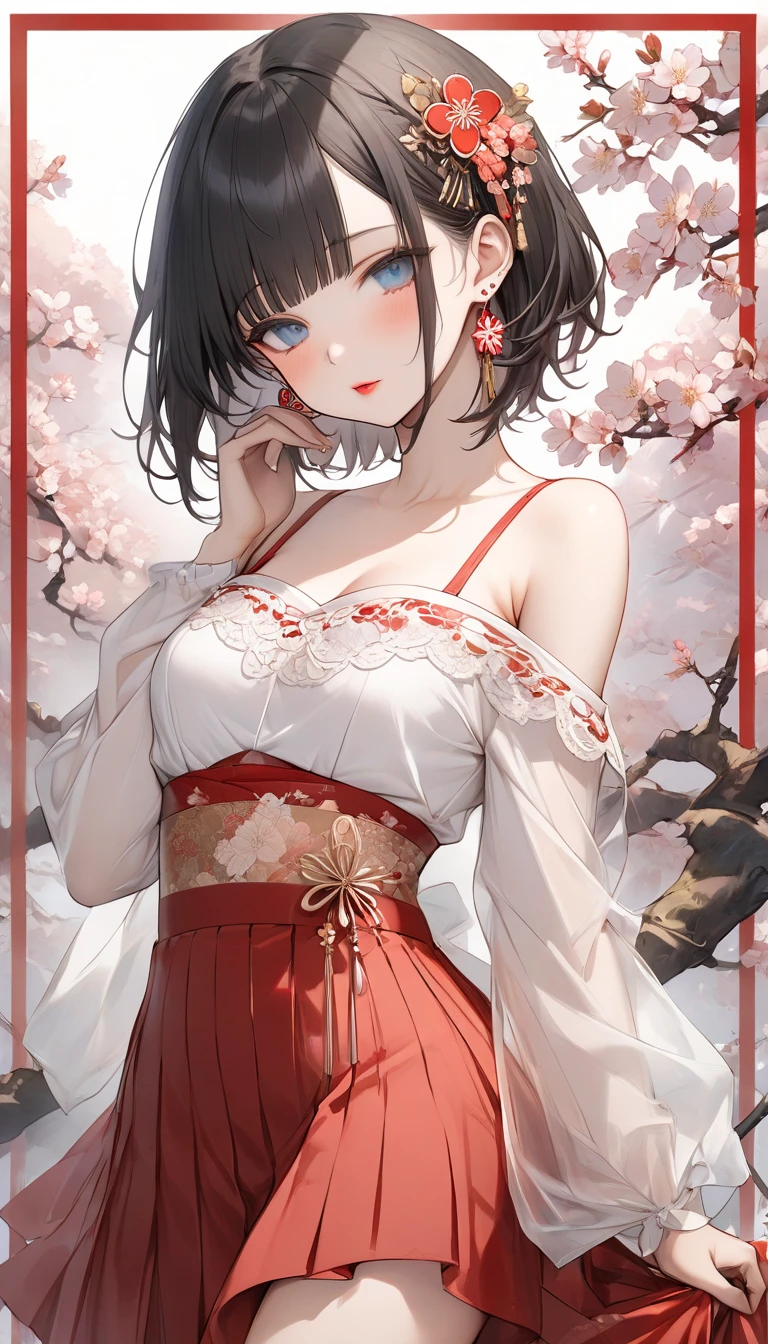 masterpiece, best quality, highres, <lora:Moxin_10:0.7> , 1girl, long hair, medium breasts, china dress, <lora:elegantHanfuRuqun_v10:0.8>, (elegent,) from side, looking back, upper body, partially immersed, flowers, east asian architecture, outdoors, flowers in the sky