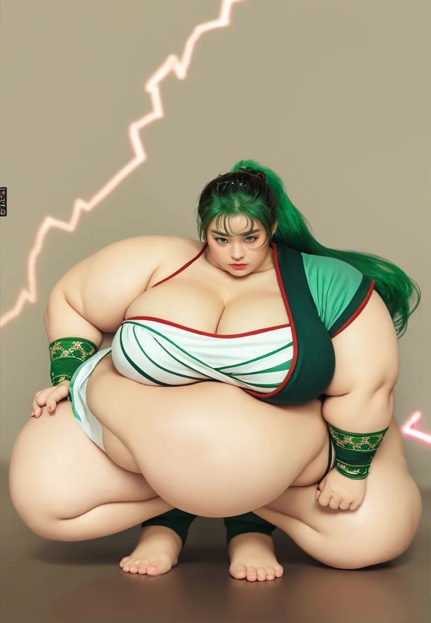 A demon girl she has black skin with curly hair goes over her green eyes. There are markings all over her body that are like ribbons twirling from her ankle up to her face that glow green when she uses her blood demon art and wears a ripped kimono