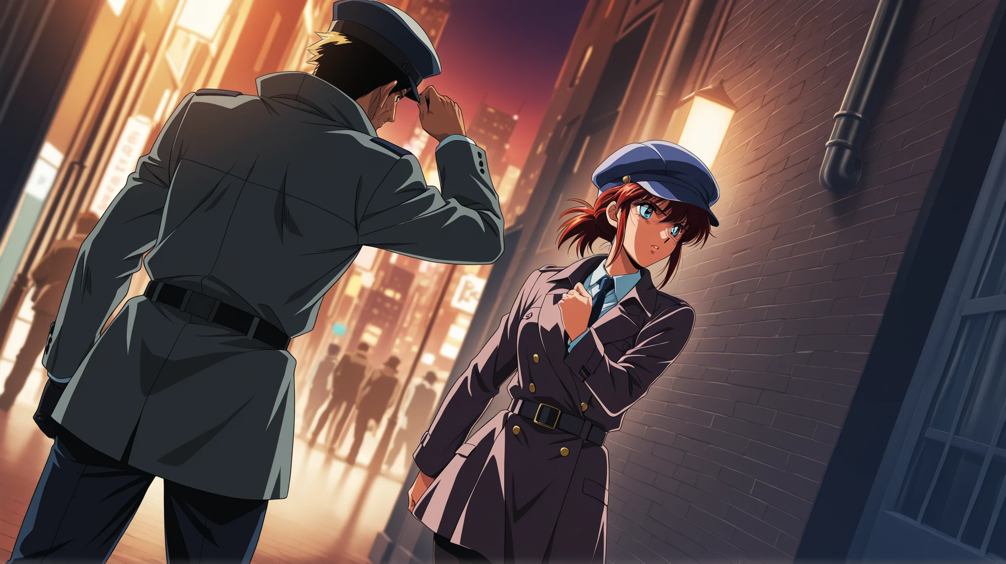 Armed detective running after shooting two robbers on dark city street design style anime retrowave 90s