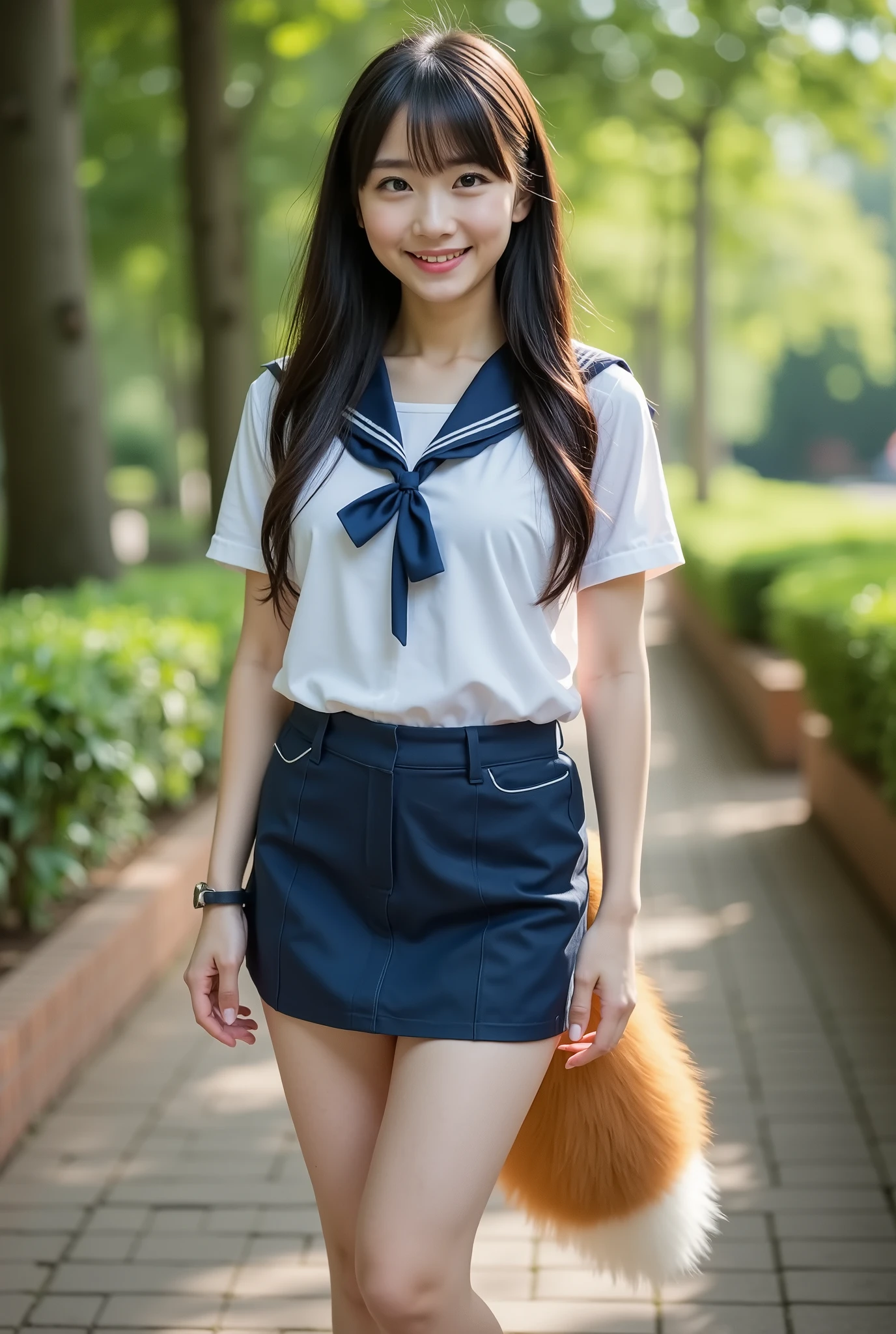 (( Top Quality , 8k)), ((masterpiece)), ( highest resolution), (( photorealistic)), perfect face , ((The woman has a tail )), ((Her tail is big )), (( A beautiful woman has her mouth and tongue open )), She's a college student , It was taken in the garden , ((Only one tail)), She has thick thighs , (( her big fox tail )) , (( fox tail )) , She wags her tail, with a bow tie , She's wearing a miniskirt , small , slender, (( The skirt is rolled up and one tail is sticking out:1.9)) , A fox tail sticking out , The tail is fox colored , ((reading caution prohibited))