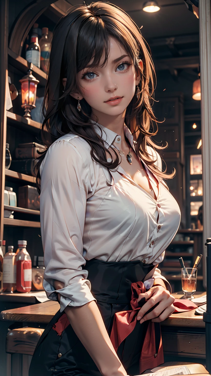 Young redhead woman, Medieval Tales Tavern, Exquisitely crafted and colorful interior, Detailed intense sunrise lightning, Best Geometry, Award-winning masterpiece, Very complex shadows and lighting, Best lighting, Best Shadow, Complex and busy setup, artステーションで話題, Global Illumination, Self-luminous, Bioluminescence, Mid-Journey Style, art：Albert Bierstadt