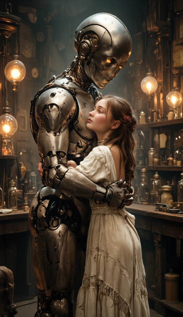 19th century,
Robot and Dr. Young girl,
She is kissing the robot body,