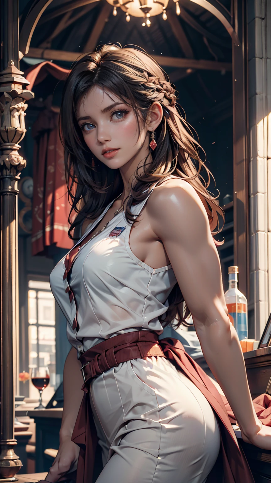 ((最high quality, 8K, masterpiece: 1.3, Ultra HD, high quality, 最high quality, High resolution, realism)) 、A 22-year-old extremely beautiful white woman、Body shape like a fashion model、Hair color blonde、blue eyeedium Hair、Straight Hair、smile、Background blur((depth of field))、Aerial perspective((atmospheric perspective))、I want my head to stay off screen、Put an anklet on your ankle、Wearing red nail polish、I have a peticure、Fashion model body type、purple inner color((colored inner hair))、Split Ponytail((split ponytail))、Wear a high-neck zipper-up dress、Large chest、Narrow waist、Wear leggings、Wear high heels