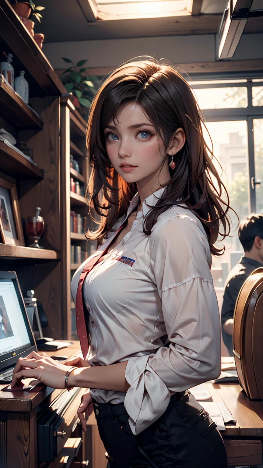 Impossible Resolution, high resolution, (masterpiece: 1.4), Super Detail, dark haired young woman dressed as a technician,  expression of blush and excitement ,  Dark haired young woman dressed as a 