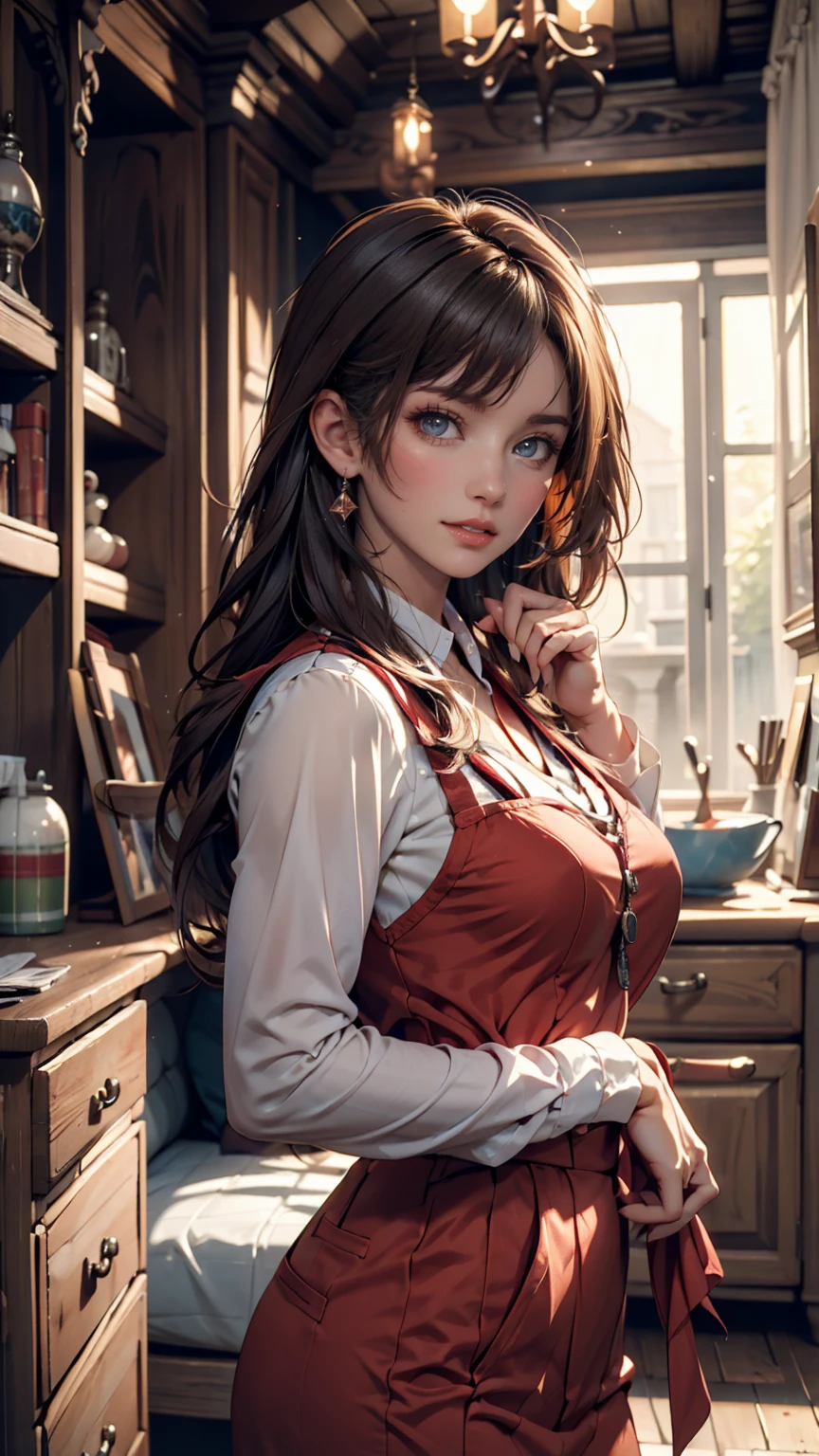 Impossible Resolution, high resolution, (masterpiece: 1.4), Super Detail, dark haired young woman dressed as a technician,  expression of blush and excitement ,  Dark haired young woman dressed as a 
