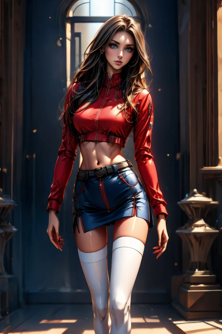 A full-body, ultra-detailed semi-realistic digital painting of a mature Serbian woman in her early 40s, with a tall, statuesque, and elegant figure that radiates strength and cultural pride. Her proportions follow a 10-heads-tall fashion model silhouette, with a modestly full bust, narrow waist, long athletic legs, and graceful posture. She stands confidently, with a subtle hip tilt and relaxed arms. Her skin is fair and smooth with a porcelain glow. Her  features are traditionally Slavic—high cheekbones, a straight nose, defined jawline, and almond-shaped steel blue eyes under strong brows. Her expression is calm and noble, lips full and balanced, painted in matte wine-red. Her makeup is sculpted and minimal: taupe eyeshadow, soft contour, and light highlighter.

She wears a modern race queen outfit influenced by Serbian heritage. The zip-up crop top is deep red with navy accents, embroidered with silver geometric patterns on the shoulders and sleeves. A matching ultra-short  features navy side panels, silver-trimmed edges, and a crimson sash-style waistband resembling a traditional Serbian belt. Black thigh-high boots with silver embroidery and deep red fingerless gloves complete the bold yet refined ensemble.

Her dark brown hair is silky and straight, parted at the side and flowing down to her waist in polished, smooth strands. It is tucked behind one ear to reveal her  features, with no bangs or accessories. The balanced length and natural volume of her hair enhance her poised, composed presence.

She stands before traditional stone architecture under soft golden light, with a subtly blurred Serbian urban backdrop that highlights her dignified appearance. Masterpiece, best quality, semi-realistic, 8K resolution, cinematic lighting, hyperrealistic portrait, finely detailed.