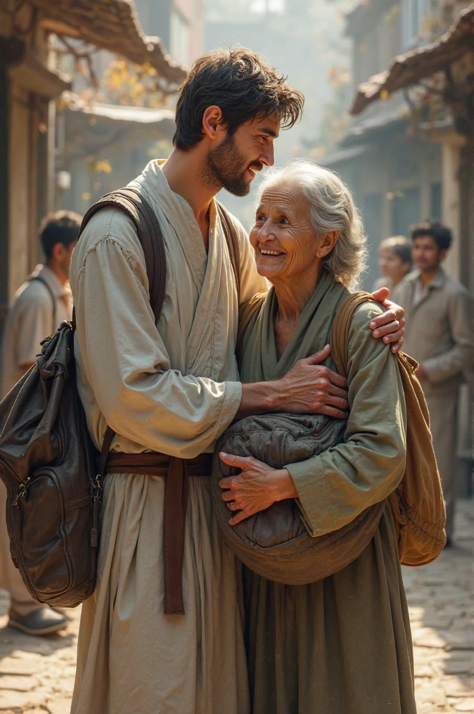 যুবক নবী সাধারণ বিনয়ী পোশাক পরা  বৃদ্ধা মহিলার অনেক ভারী মালপত্র নিজের কাঁধে নিচ্ছে। তার মুখে হাসি বা শান্ত ভঙ্গি থাকবে। নবীজি(স) এর চেহারা দেখাতে হবে না শরীরের পাশ থেকে বা পেছন থেকে দেখানো ভালো কারণ ইসলামে নবীজির চেহারা দেখানো ঠিক না