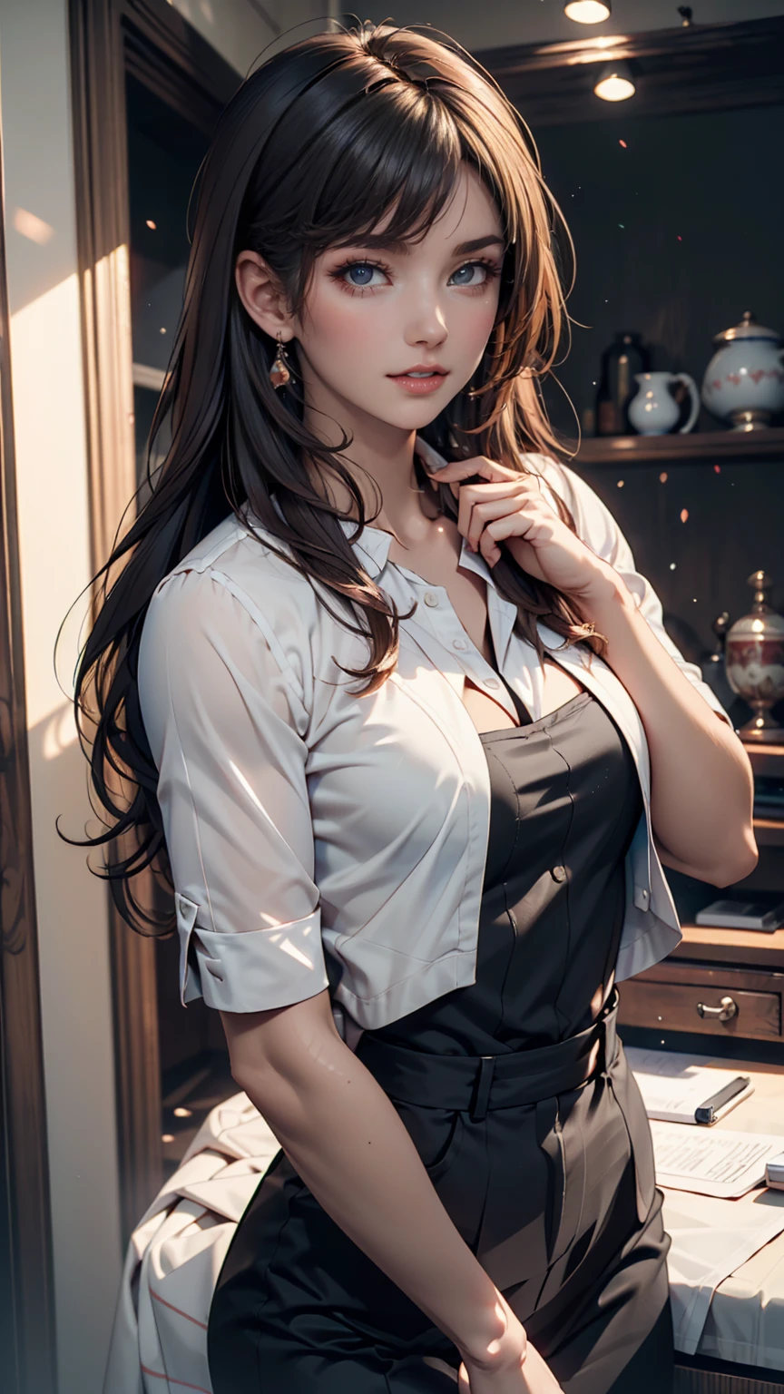 Impossible Resolution, high resolution, (masterpiece: 1.4), Super Detail, dark haired young woman dressed as a technician,  expression of blush and excitement ,  Dark haired young woman dressed as a 