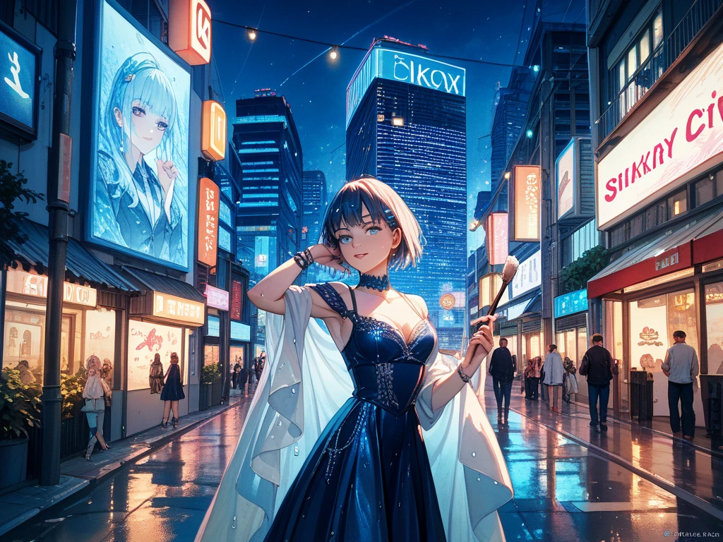 A watercolor painting of Tokyo city at night, delicate brush strokes, soft glowing lights, Shibuya crossing and high-rise buildings, neon signs reflecting on wet streets, misty urban atmosphere, gentle purple and blue tones, cinematic mood, ultra-detailed and elegant,