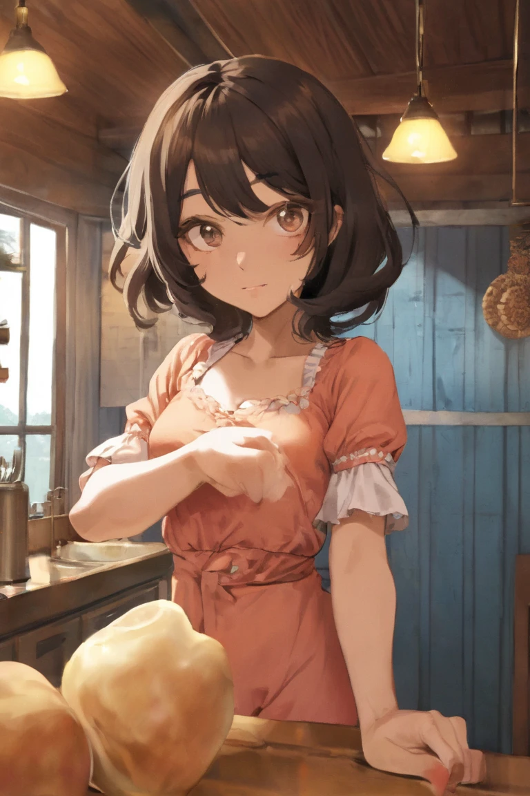nsfw,uncensored,(masterpiece), (photo realistic1.4), ultra high res, best quality, 8k official art,figure,very detailed,anime color,perfect hands, perfect fingers, perfect legs),(cowboy shot,From side),1girl,solo,idolmaster,(minako satake) ,(17years old, beautiful girl), (beautiful blue eyes),(((beautiful light brown hair))), (((short ponytail hair))), (wet hair), (wet skin), ((Sweat)), ((vapor)), (flat chest,very large breast),(many sweat:1.5),(pubic brown hair:1.3),(from below),(cooking Chinese dinner), (Chinese restaurant), ,nude apron,