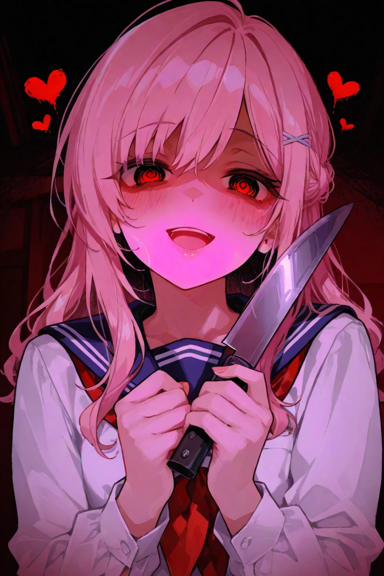 masterpiece, best quality, looking at viewer, facing viewer, bare legs, 1girl, solo, upper body, bow, serafuku, disgusted face, night time, raining, outdoors, city, crop top, navel, wet clothes, overly long sleeves, hands in sleeves, blood tears, blood marks, dark alleyway, blood splattered on the ground
