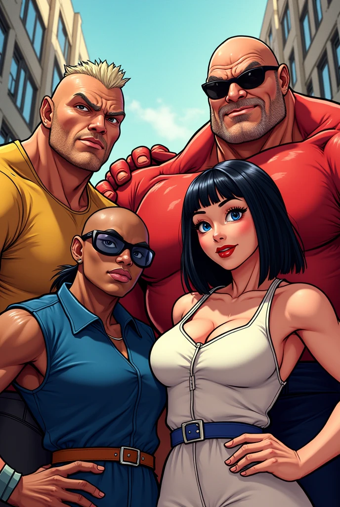 photo anime, two muscle men, one muscle woman
