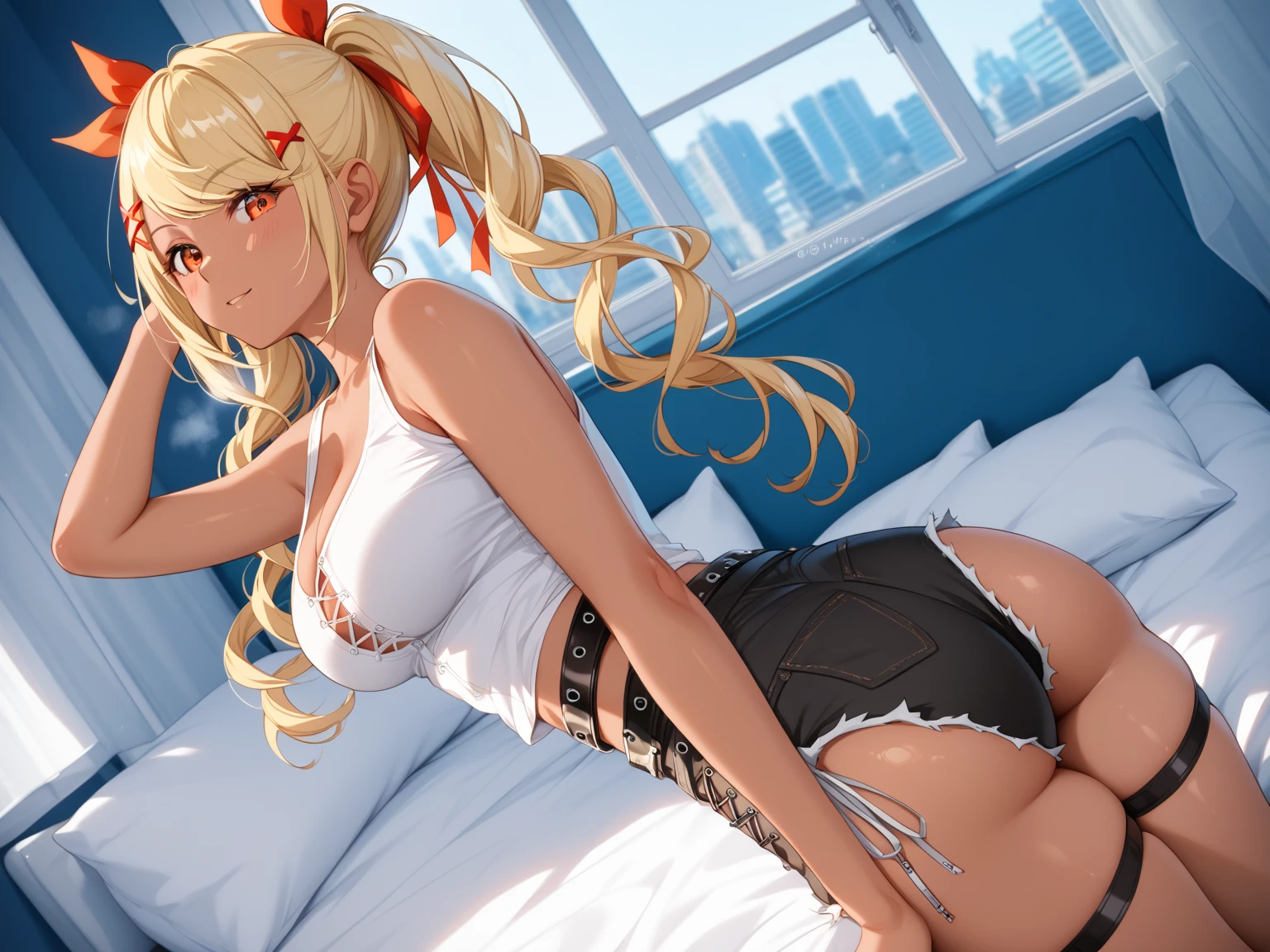 Giantess, long sexy legs, yellow hair, bikini,lying on top of destroyed buildings, city at her feet burns in flames for the destruction she has caused, tiny people climb on her body to try to defeat her uselessly. Giantess, goddess, macrophilia, curvaceous body, hentai, fetish, sexy legs, bikini, high heels, high quality, tiny people, people climbing body, giantess body, small people, crew of tiny people
