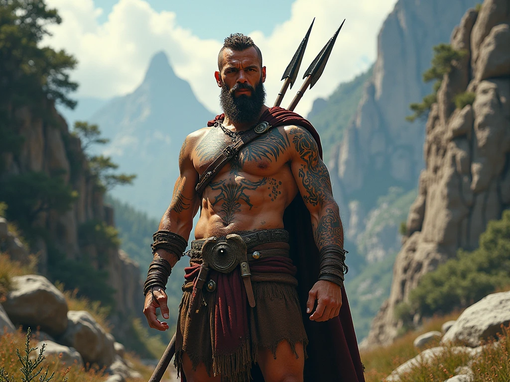 the best quality, very high resolution, detailed 4K CG, Masterpiece artwork, augur, Nordic Deuses, handsome man plus a wolf, rune tattoos, viking, Celtic mountains, blue sky, Norse mythology, viking rune tattoo, beautiful aesthetic, Beautiful picture, There are beautiful mountains with green grass in the back