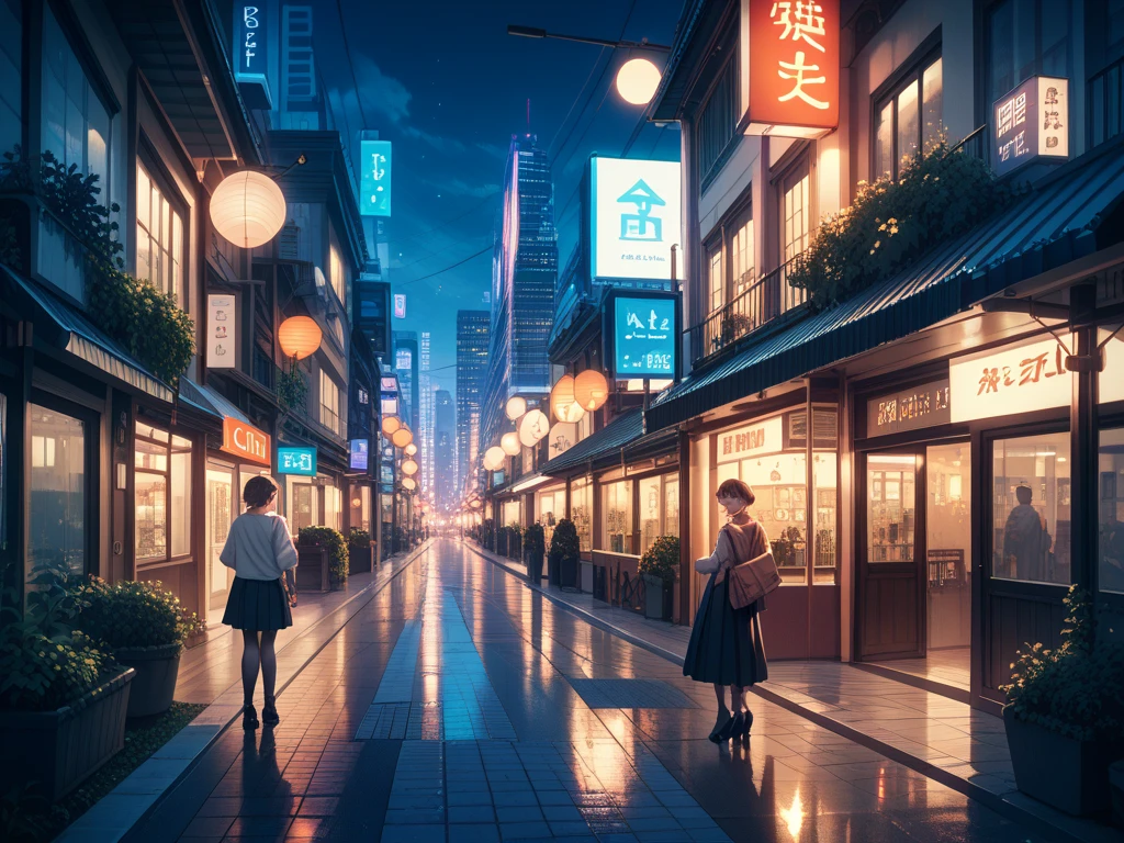 A realistic painting of Tokyo at night, calm and quiet street with city lights, light reflecting off buildings and pavement, minimal traffic, high-rise apartments in the background, atmospheric mood, soft shadows and lighting,