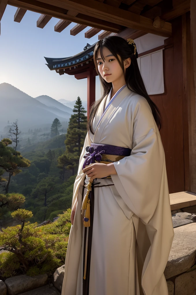 A young Japanese god-like figure named Itsuki no Marumikoto, standing in front of an ancient Shinto shrine, wearing a white and purple traditional priestly robe, long flowing black hair, piercing gaze, illuminated by a golden divine light from behind, surrounded by a mystical forest shrouded in mist, distant heavenly palace in the background, oil painting style, rich textures, chiaroscuro lighting, serene and majestic atmosphere, blending classical Japanese art and Western religious painting styles, hyper-detailed, ultra high-quality, 8K