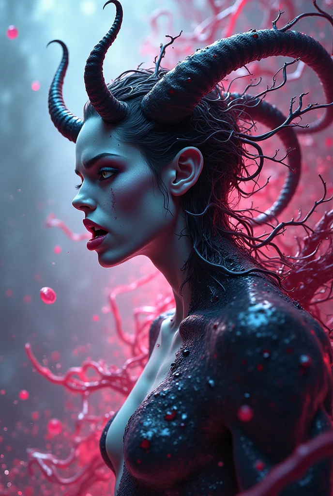 Surrealist depiction of a transformation between a vampire and a devil , Anna Dittmann's style , colorfully , Wet wet effect