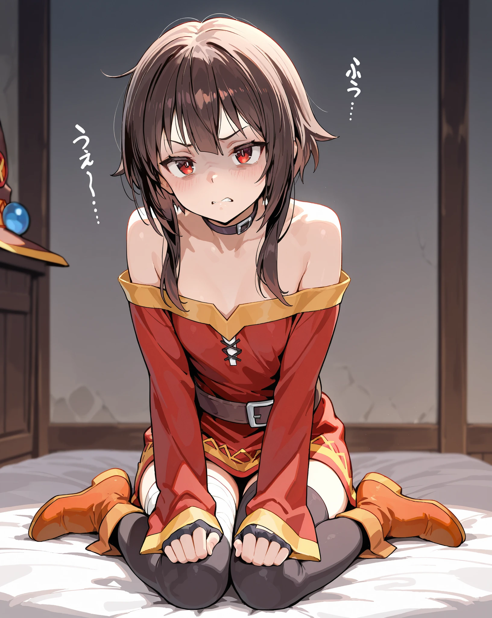 (Chica hiper realista:1.2), ((naked Megumin)), (Konosuba), cuerpo completo, Single Body, Esperando, sentado en el suelo, (muslos internos expuestos), rodillas dobladas, ((pelo corto)), smal boobs:1.3, Female Room, Sala de taberna tradicional, hiperrealista, cinematography lighting, (Octane representation), Trazado de rayos, evening lighting, realismo, 8k UHD