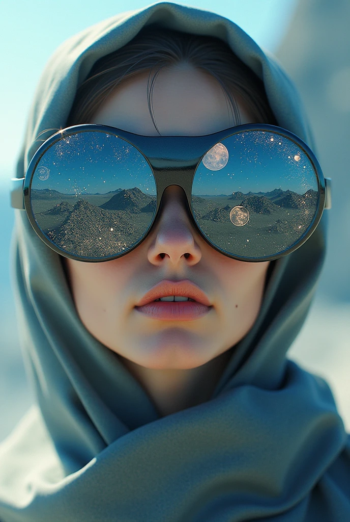 The model is wearing glass sunglasses with stars and the moon on the glass
