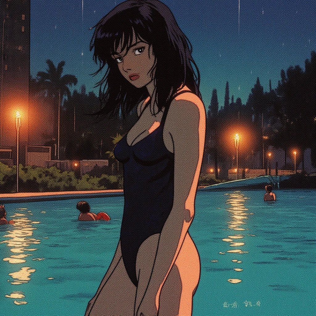 Chainsaw Man Kobeni, Black vivid eyes, Wearing her signature two red hairpins, Sweating, Wearing a black bikini, cleveage, stands in a pool of water, Pool setting, outdoor, Panic, Bitter smile, Wet, Dripping, daytime, A busy day, Sunlight, lens flare, Light