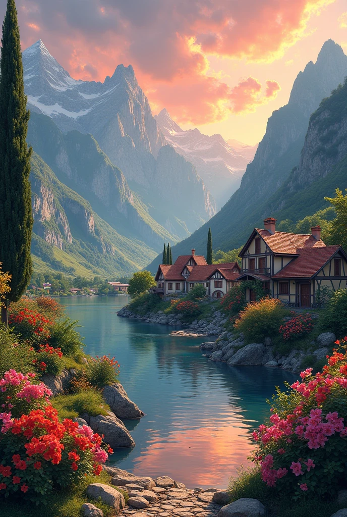 A small town by the river, mountains in the background, colorful floral flowers, detailed landscape, beautiful natural landscapes, atmospheric lighting, scorching sunset, warm colors, practical, photographic, detailed foliage, complex buildings, cobblestone street, charming country house, vibrant colors, lush vegetation, reflections in the water,  picturesque, idyllic, artwork, best quality, 8K, colors, anime style