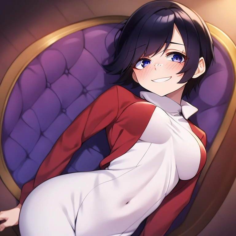 muff, ("red hair"), ("black hair"), ("multicolored hair"), ("short hair"), sexy laying on table, very sexy, crying face, choker, sexy bunny suit,  Detailed female genitalia visible, embarrassed, 