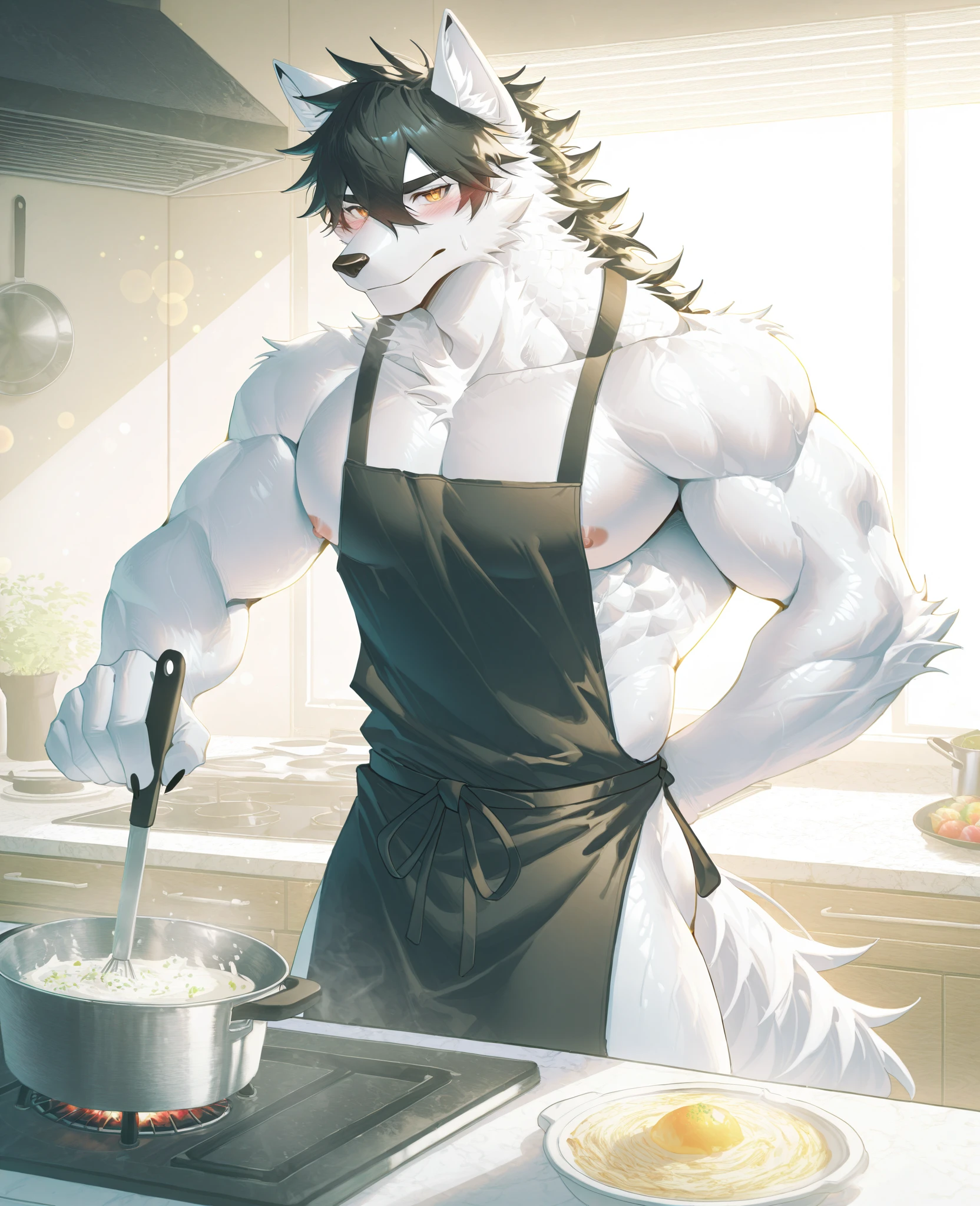2d, masterpiece, best quality, 4k, 8k, ultra highres, raw photo in hdr, sharp focus, photo realism, real life like, detailed background, wolf anthro, naked wolf (((brief, white body, all white fur, no black fur, no fur pattern, plain fur, plain white fur, white fur, very long hair))), muscular male, big nipples, black nipples, smiling, sweat, (standing:1.2), dilf, daddy, fangs, smiling, happy face, big breasts, massice biceps, detailed big nipples, wide waist, broad shoulders, strong thighs, white teeth, black hair, very long hair, beard, very large hands, big butt, big bulge, kitchen, detailed background, hi res, perfect golden eyes, (by darkgem, by takemoto arashi, by anhes), Negative prompt: boring_e621_fluffyrock_v4, bad-hands-5, deformityv6