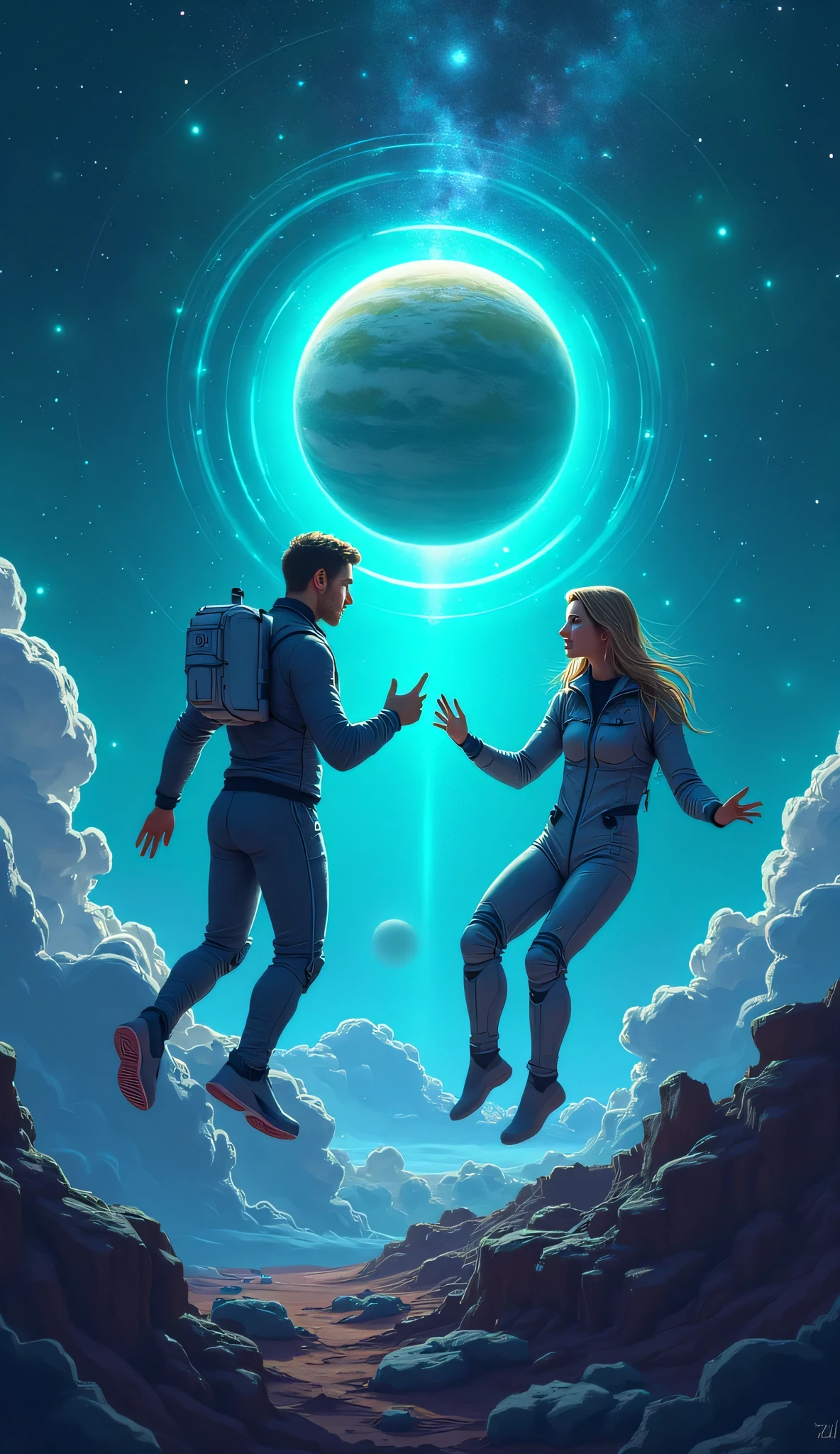 A cosmic debate scene with two scientists floating in space, pointing at HD 100546 b  digital cartoon illustration, cool blues and neon greens, curious and fun.