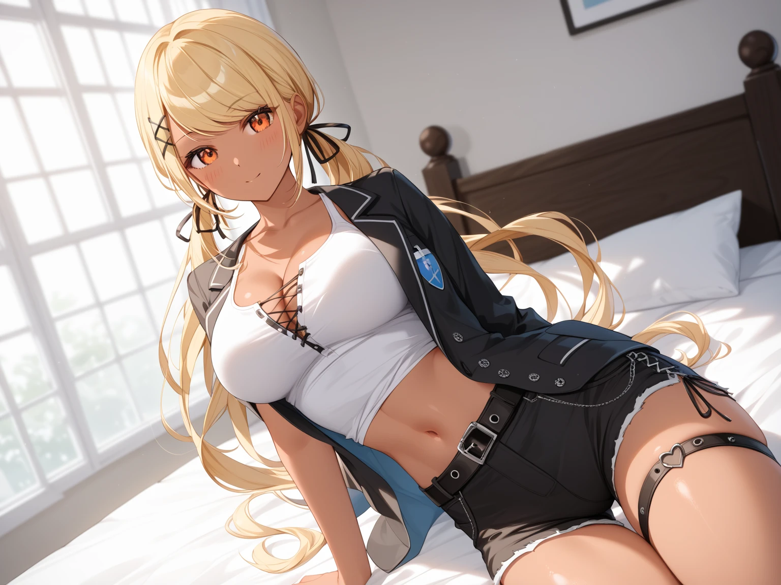 Blonde girl eating steak at steakhouse Wearing sneakers High leg shorts with suspenders Large Breasts Showing her belly button Ultra low rise Knee-high socks No underwear Belt on chest
