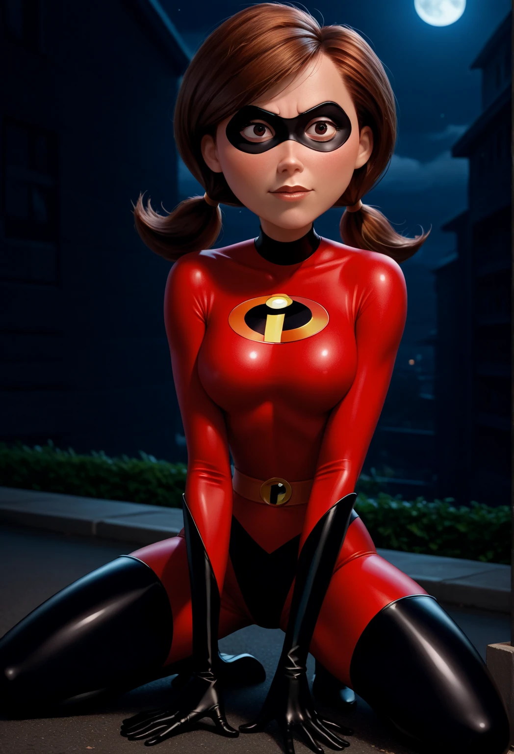 ((best quality)), ((highly detailed)), absurdres, (detailed eyes, deep eyes), (1girl), different views, upper body}, <lora:hairdetailer:.5>, <lora:HelenParr:.8>, helenparr, brown hair, brown eyes, smiling, domino mask, mask, bodysuit, black elbow gloves, thighhighs, thigh boots, (inside, in a closet)