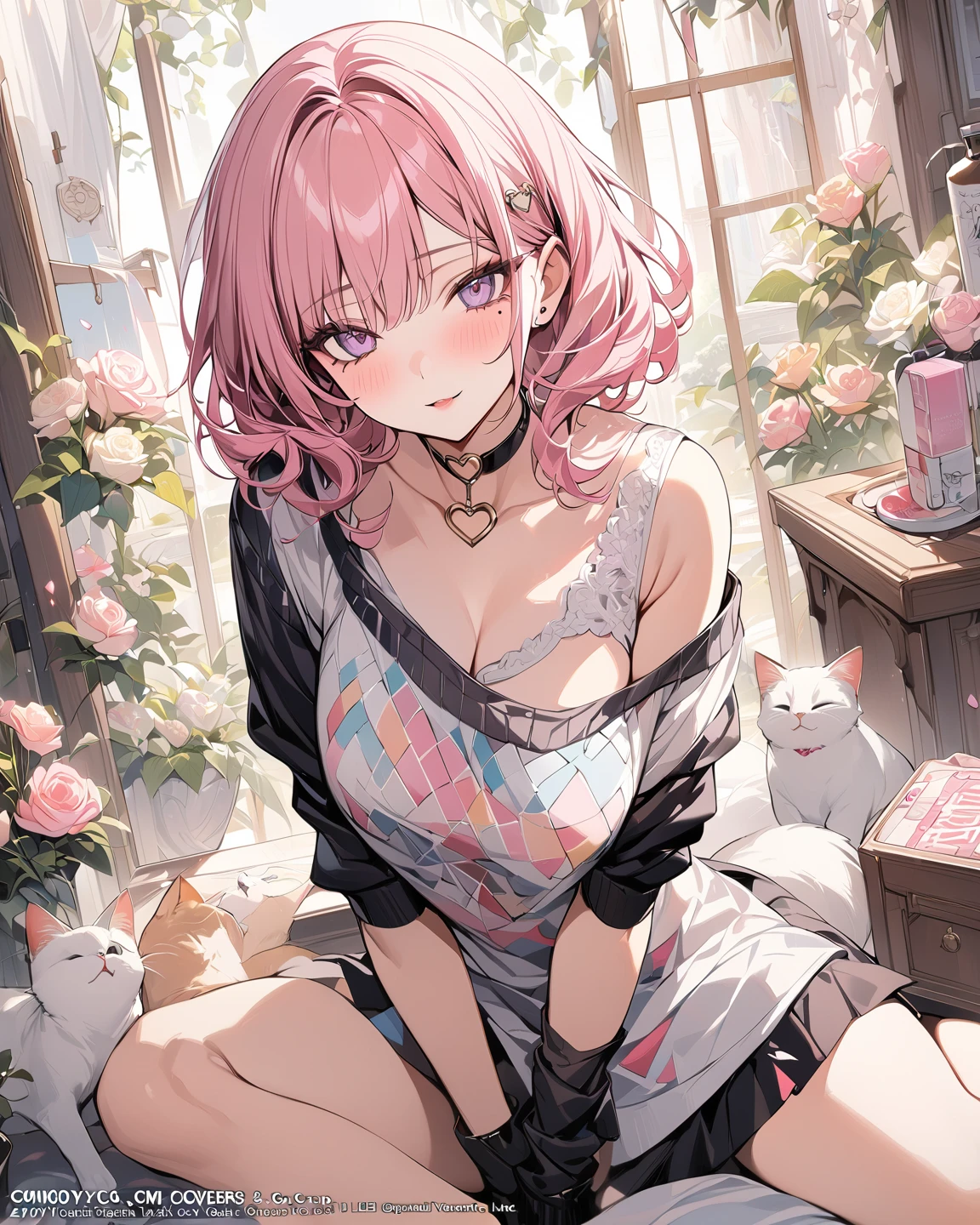 In the yacht you can see a girl sitting with a happy smile and wink eyes, her cheeks are chubby, her hair is pink, colorful eyes use black sun glasses. holding a glass of wine