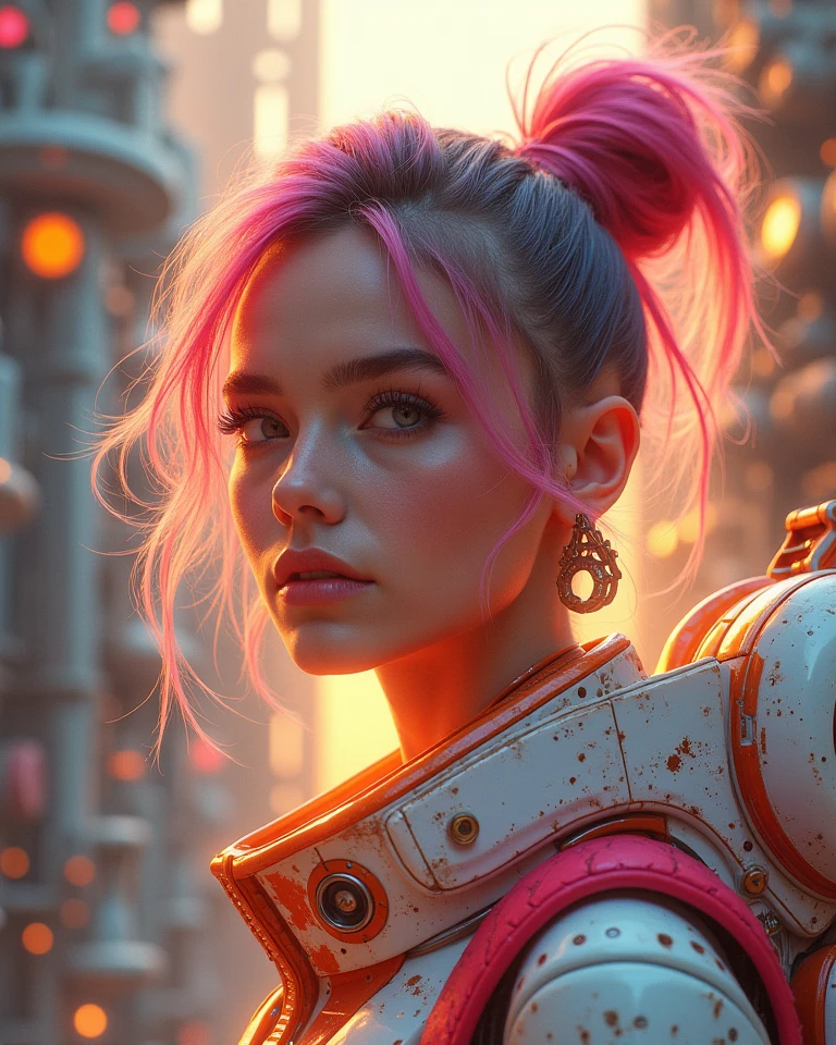 Robotic background with braid punk colorful A girl orange, Rosa, white style futuristic photorealistic very aesthetic,  in the future, very photorealistic,  near future , 
